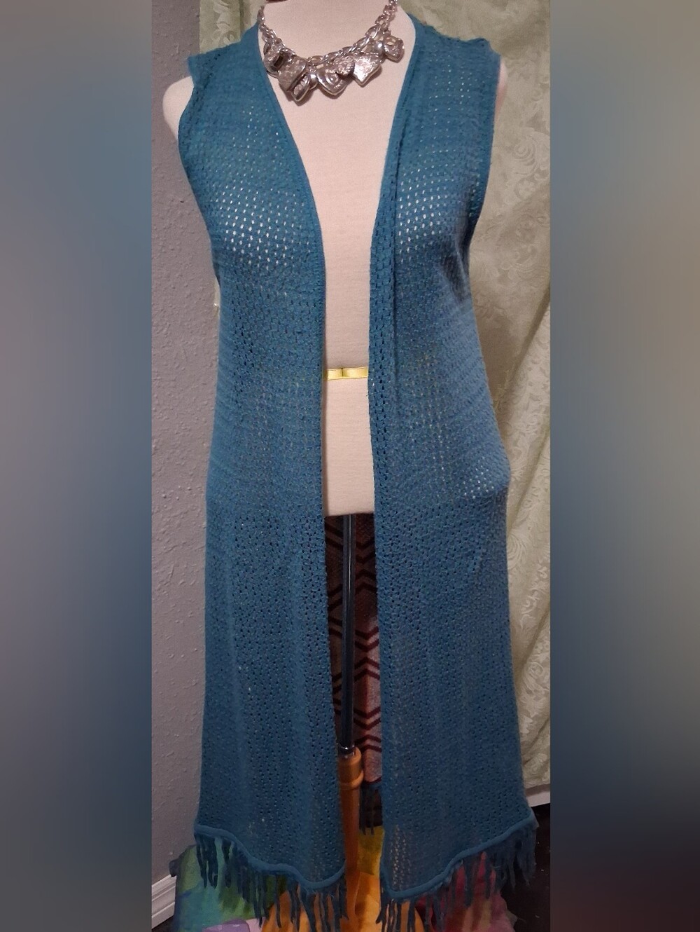C Teal Open-Front Sleeveless Knit Duster with Fringe